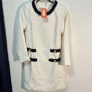 Cream Shift Dress with Black Braided Trim